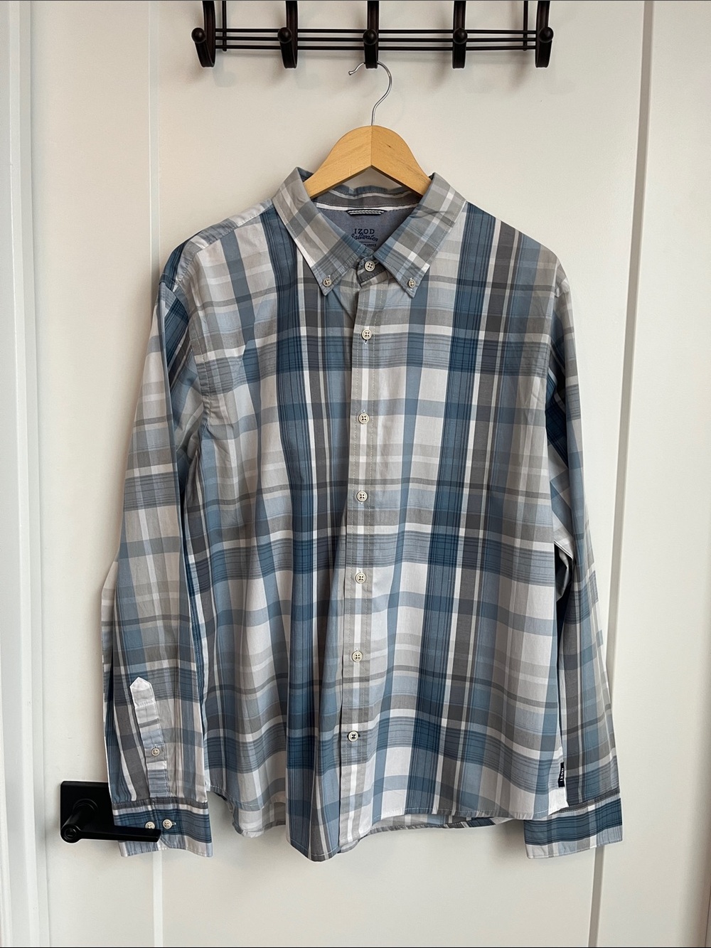 Izod Saltwater Blue and Gray Plaid Button-Down Shirt Mens Size XL